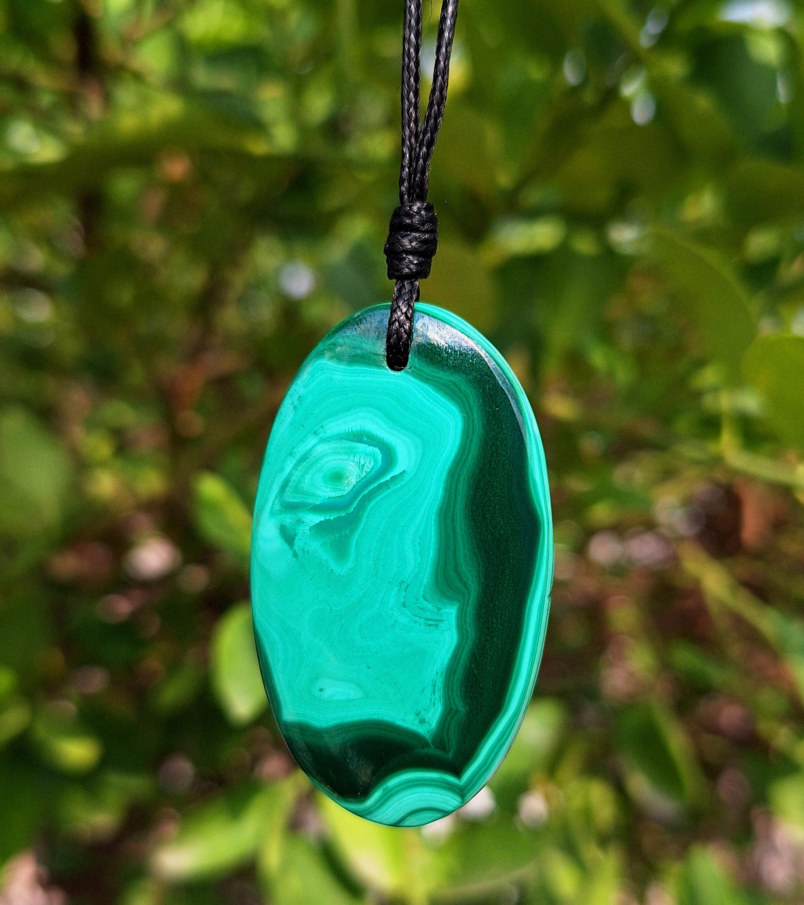 Large Malachite Pendant, Leather Cord Necklace, 1.69 Inch