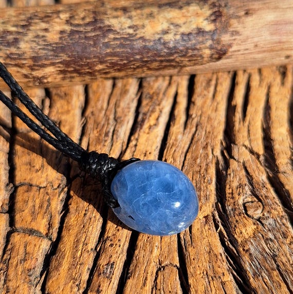 Natural Blue calcite Cabochon, Black Leather cord Necklace, Oval Blue calcite Cabochon, natural calcite gemstone, calcite on Cord,minimalist