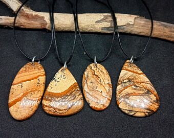 Natural Picture Jasper Necklace, Leather cord Necklace, Picture Jasper on cord, Handmade necklace, Cabochon Pendant, Large Stone Pendant,