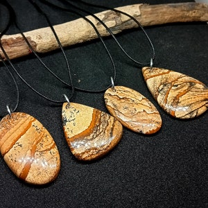 Natural Picture Jasper Necklace, Leather cord Necklace, Picture Jasper on cord, Handmade necklace, Cabochon Pendant, Large Stone Pendant,