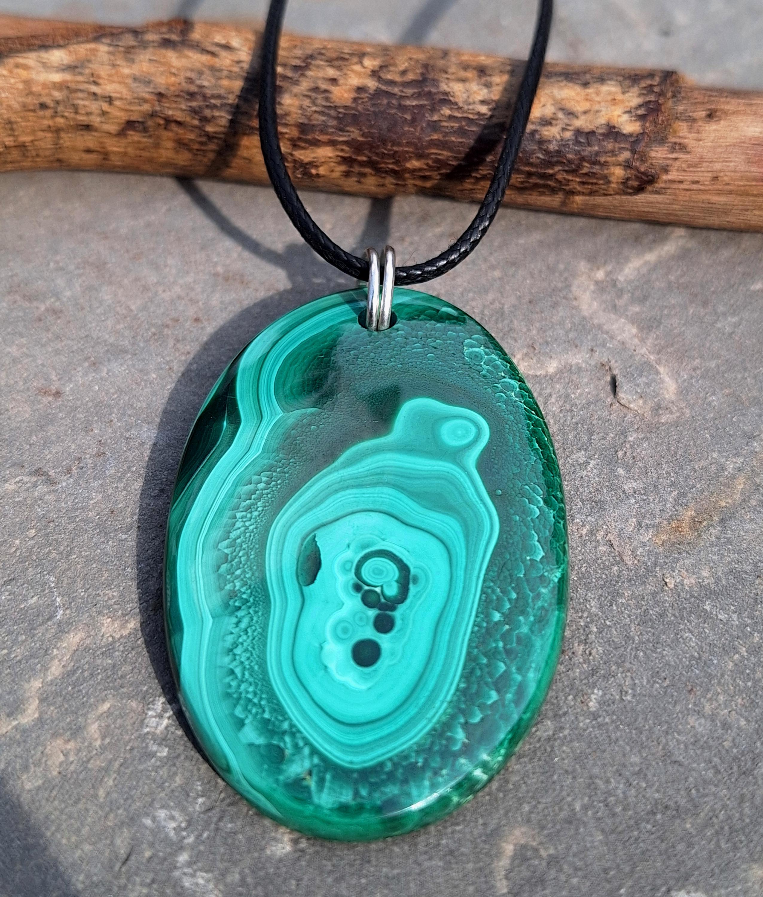 Large Malachite Pendant, 2.04 Inch Malachite Pendant, Leather Cord