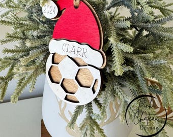 Sports Theme Ornament | SVG Laser Cut File | Glowforge Lightburn Xtool Tested | Soccer with Holiday Hat