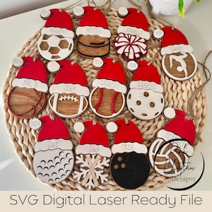 2025 Bundle of 12 Sports Theme Ornaments | SVG Laser Cut File | Glowforge Lightburn Xtool Tested | Baseball | Soccer | Hockey | Volleyball +
