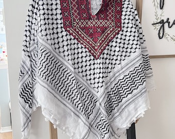 ORIGINAL Shemagh Keffiyeh Arab Scarf Poncho Shirt | Made in Palestine | Kufiya Arafat Black Print Hatta Unisex Men or Womens