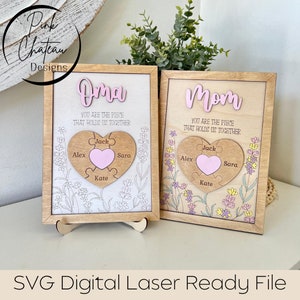 Placa de peça de quebra-cabeça de coração de mãe 2-7 corações de nome + suporte de cavalete incluído QUICK SCORE SVG arquivo de corte a laser | Glowforge XTool Lightburn testado a laser