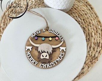 Highland Cow Ornament | SVG Laser Cut File | Glowforge & Lightburn Tested | Acrylic or Wood | Holiday Theme | Have A Udderly