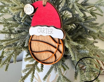 Sports Theme Ornament | SVG Laser Cut File | Glowforge Lightburn Xtool Tested | Basketball with Holiday Hat
