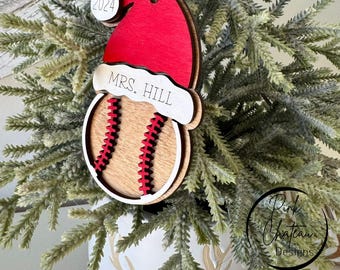 Sports Theme Ornament | SVG Laser Cut File | Glowforge Lightburn Xtool Tested | Baseball with Holiday Hat