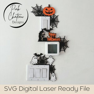 May include: A digital laser-ready file for a Halloween-themed wall decor project. The design features a jack-o-lantern, ghosts, bats, and spiderwebs, with the text "Happy Halloween".