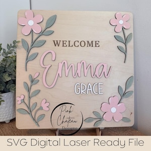 Naambordje babyaankondiging | Bloemenrand | Optionele welkomstgravure | Digitaal SVG-bestand Lightburn en Glowforge getest