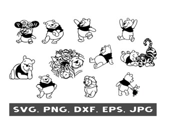 May include: A set of black and white line drawings featuring Winnie the Pooh in various poses. The drawings include Pooh Bear holding a balloon, Pooh Bear hugging Tigger, Pooh Bear sitting down, and Pooh Bear standing up.