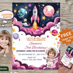 Convite de aniversário personalizado para meninas com foto, convite digital para galáxia, convite para o espaço sideral, convite personalizável, cartão de convite para o espaço