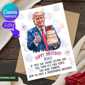 Grappige Trump-verjaardagskaart: politieke humor, bewerkbare afdrukbare (digitale download)