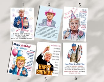 May include: A set of ten humorous birthday cards featuring a cartoon illustration of a man with a similar appearance to Donald Trump. The cards have different messages and illustrations, including a man fishing, a man holding a glass of champagne, and a man holding a stack of books. The cards are all in a cartoon style and have a humorous tone.