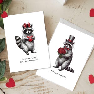 Set di 2 biglietti d'amore stampabili con procioni, biglietto di San Valentino con procioni, biglietto di amicizia, biglietto del migliore amico, anniversario del procione, regalo di San Valentino con procioni