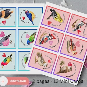 Mini tarjetas de San Valentín de pájaros para niños: Intercambio en el aula (Descarga digital)