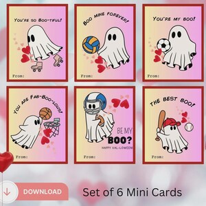 May include: Set of six mini cards with ghost illustrations. Each card features a different ghost character with a sports theme, such as roller skates, a volleyball, and a baseball bat. The cards have phrases like "You're so boo-tiful!" and "Be my boo?"