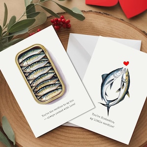 Juego de 2 tarjetas imprimibles con forma de sardina, tarjeta de San Valentín con forma de sardina, tarjeta de amistad, tarjeta para el mejor amigo, tarjeta con forma de sardina, tarjeta de aniversario, regalo con forma de sardina