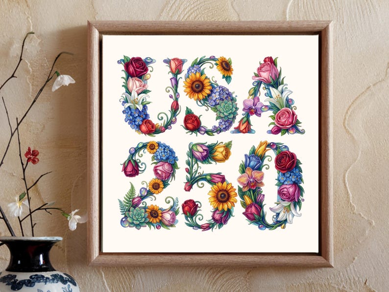 Digital Floral USA Png, Retro America, USA 250 Png, America 250, Happy 250th Birthday USA, 4th of July, Semiquincentennial Gift image 5