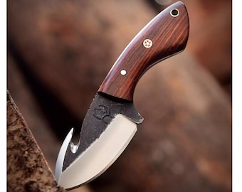 High Carbon Steel Gut Hook Hunting Knife – Rosewood Handle, Leather Sheath