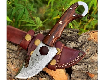 Damascus Steel Gut Hook Hunting Knife, Rosewood Handle, Leather Sheath