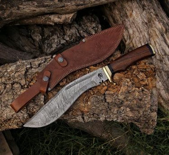 Hand Forged Damascus Steel Kukri Knife, Rosewood Handle, Leather Sheath