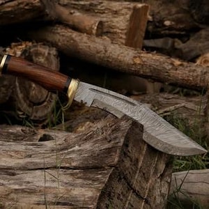 Handgesmeed kukri-mes van damaststaal, handvat van palissander, leren schede afbeelding 3