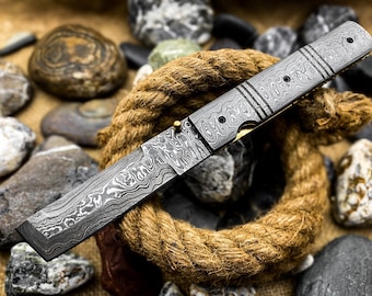 Handmade Damascus Folding Knife, Tanto Blade with Leather Sheath