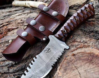 Handmade Damascus Steel Tracker Knife, Rosewood Handle, Leather Sheath