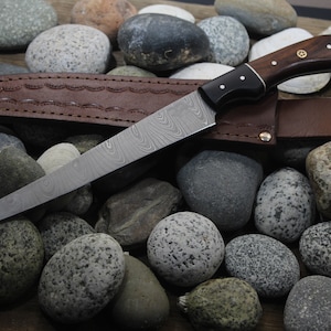 Handcrafted Damascus Fish Filet Knife  cow Leather Sheath well tempered Fishing gifts for men  her him dad son  grooms Fathers Day Gift