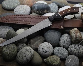 Handmade Damascus Fish Filet Knife with Leather Sheath