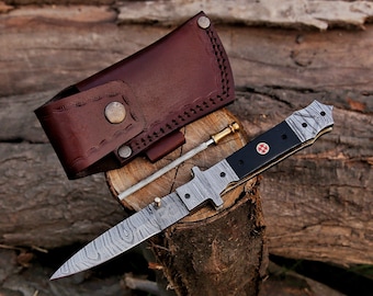 Handmade Damascus Folding Knife, Black Micarta Handle, Leather Sheath