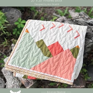 May include: A quilted block with the word "Ascend" and the text "20" x 20" Finished Block" is displayed. The quilt features a mountain design in shades of green, coral, and white. The quilt is approximately 51 cm by 51 cm.