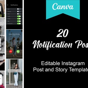 Könnte beinhalten: Eine Canva-Grafik mit einem blauen Banner, auf dem in weißer Schrift "Canva" steht. Die Grafik befindet sich auf einem schwarzen Hintergrund mit weißem Text, der "20 Notification Posts" und "Bearbeitbare Instagram-Post- und Story-Vorlagen" lautet.