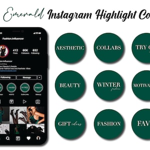 Könnte beinhalten: Eine Sammlung von 10 smaragdgrünen Instagram-Highlight-Covern mit weißem Text. Die Cover beinhalten die Wörter "Ästhetik", "Kollaborationen", "Anprobieren", "Schönheit", "Winter", "Motivation", "Geschenkideen", "Mode" und "Favoriten".