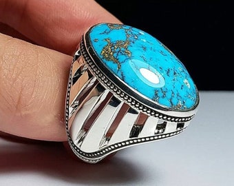 Tibetan Turquoise Ring, Oval Cabochon, Solid Sterling Silver Unisex Ring