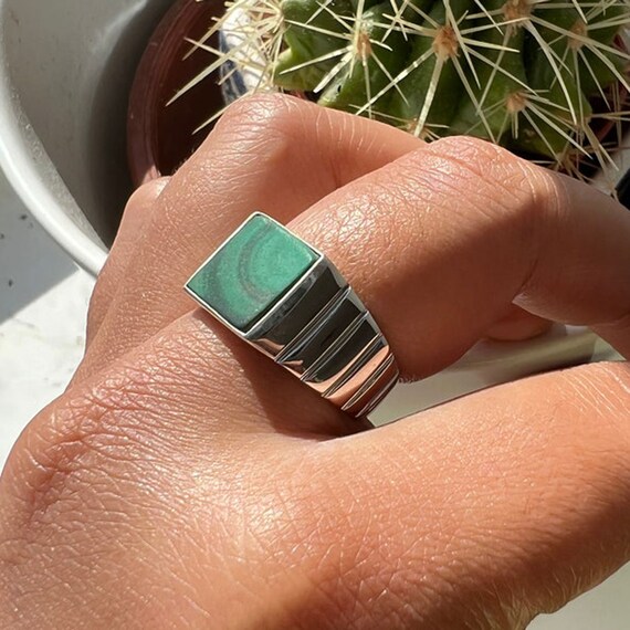 Men s Malachite Ring Solid 925 Sterling Silver Statement Ring