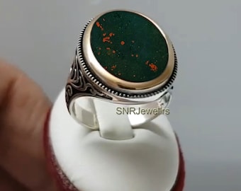 Natural Bloodstone Rectangle Ring, Sterling Silver, Smooth Cut Unisex Jewelry