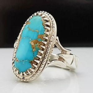 Natural Tibetan Turquoise Sterling Silver Ring, Oval Cabochon, Unisex