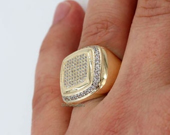 Men's Sterling Silver Signet Ring, Yellow Gold Finish, Pave Cubic Zirconia