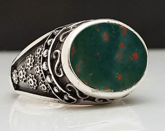 Natural Bloodstone Signet Ring, Solid Sterling Silver 925, Unisex Jewelry