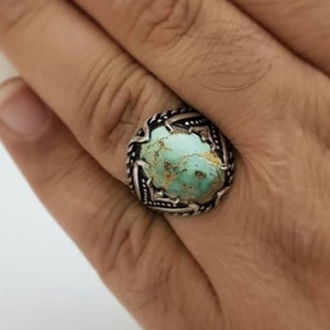 Tibetan Turquoise Ring, Oval Cabochon, Solid Sterling Silver, Unisex