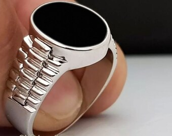Oval Schwarzer Onyx Ring, 925 Sterling Silber Statement Schmuck