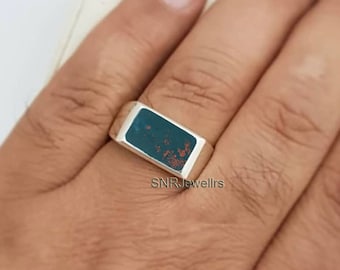 Natural Bloodstone Signet Ring, Solid Sterling Silver, Mens Jewelry
