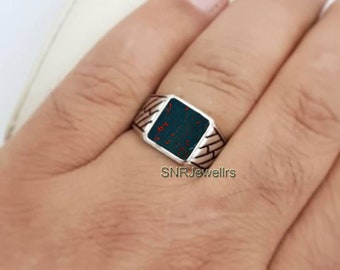Natural Bloodstone Ring, Solid Sterling Silver Signet Ring, Men's Jewelry