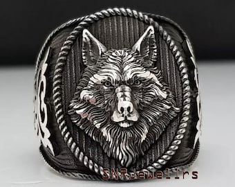 Sterling Silver Wolf Signet Ring, Alpha Boho Men's Animal Jewelry