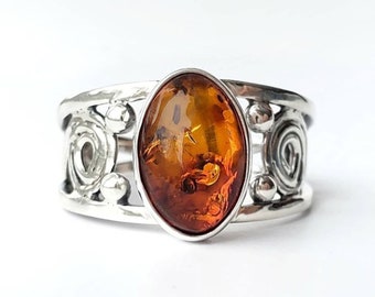 Baltischer Bernstein Sterling Silber Ring, Oval Cabochon, Unisex