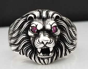 Anillo de sello de plata de ley con cabeza de león, anillo bohemio con forma de animal y ojos de amatista.