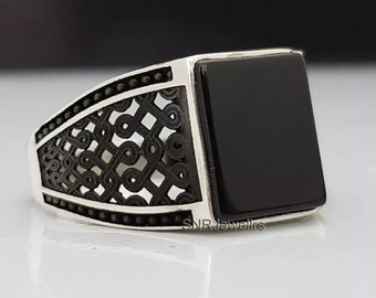 Mens Black Onyx Sterling Silver Ring, Rectangle Stone