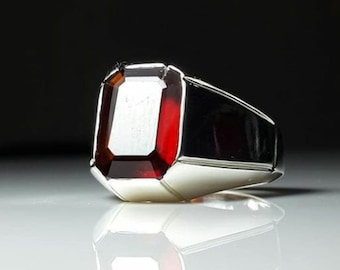 Natural Garnet Statement Ring, Solid Sterling Silver Mens Jewelry